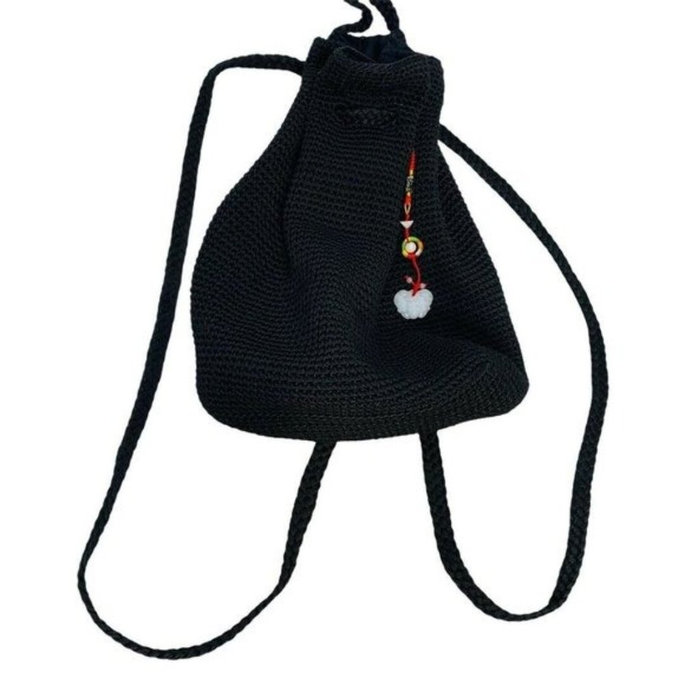 Vintage Black Drawstring Backpack Lack Woven Braid - image 3